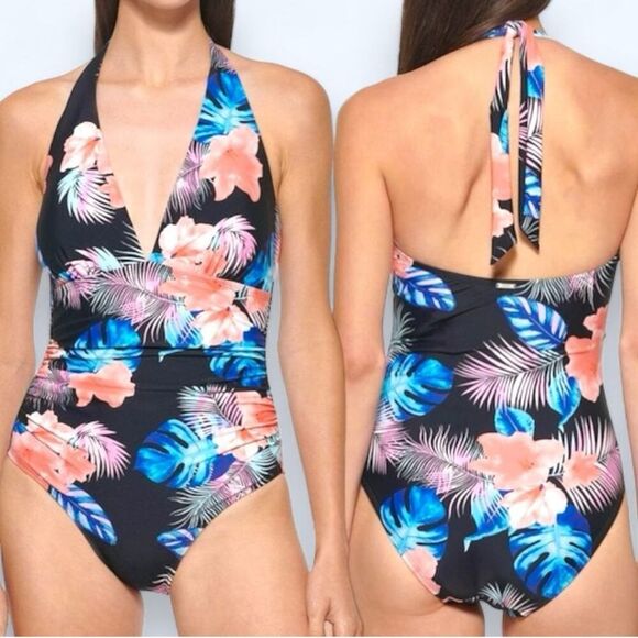 DKNY Halter Tie Floral One Piece Swimsuit XL Black Pink Tropical Print NWOT - Picture 2 of 11